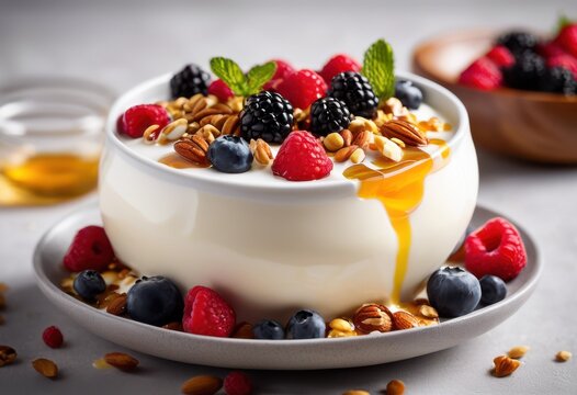 close display creamy yogurt simple bowl garnished fresh fruits nuts neutral backdrop, dairy, food, nutrition, smooth, curd, healthy, natural, wholesome