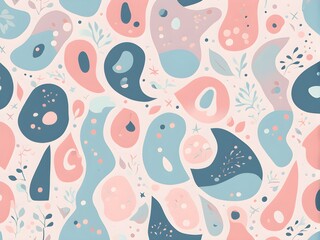 abstract illustration of seamless pattern of whimsical hand-drawn shapes and icons in soft pastel hues