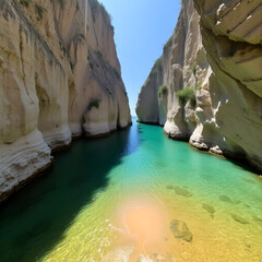 Naklejka premium A hidden cove with towering limestone formations, emerald-green waters, and a small sandy shore