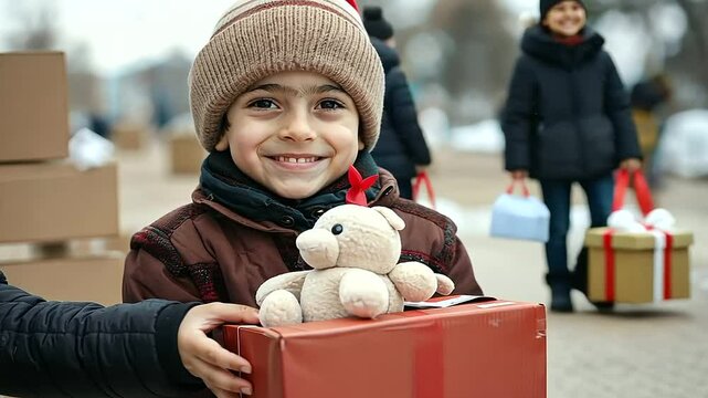1_Refugee Child Receiving Toy from Volunteer at Donation Center