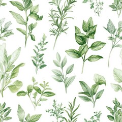 Seamless Pattern Featuring Various Hand-Drawn Herbs Such as Rosemary, Basil, Thyme, and Mint on a White Background for Elegant Design Applications