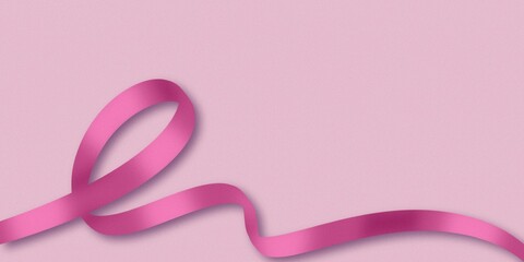 Pink ribbon over pink background. Breast awareness concept. Romantic Valentine's Day header. Banner for social media or website.