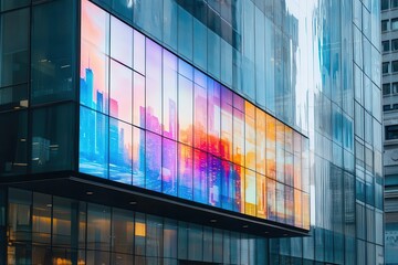 digital smart billboard integrated into contemporary glass building facade, displaying dynamic content with ambient city reflections