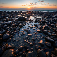 Obraz premium A rocky beach with tide pools filled with marine life, reflecting the warm glow of the sunset