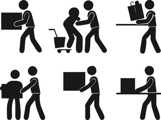 A collection of simple stick figure illustrations depicting various scenarios of teamwork in logistics, showing people carrying boxes, packages, and items.