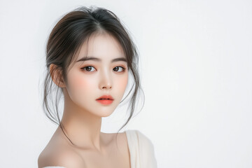 Naklejka premium A beauty portrait of a young Asian woman gazing thoughtfully, her soft hair framing her face, dressed in light-colored attire on a pure white background
