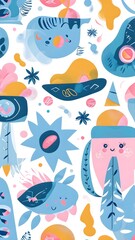 abstract illustration of seamless pattern of whimsical hand-drawn shapes and icons in soft pastel hues