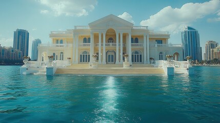 Naklejka premium Opulent Waterfront Mansion: A Luxurious Oasis in the City