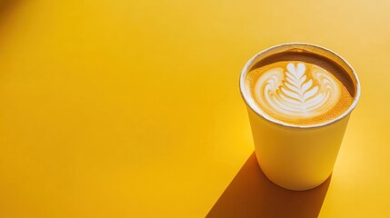 Latte art in takeaway cup, yellow background, sunlight (2)