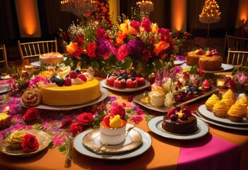 vibrant diverse dessert arrangement celebratory occasions featuring sweet treats professionally decorated, display, pastry, cake, buffet, table, color