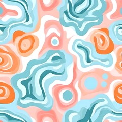 abstract illustration of seamless pattern of whimsical hand-drawn shapes and icons in soft pastel hues