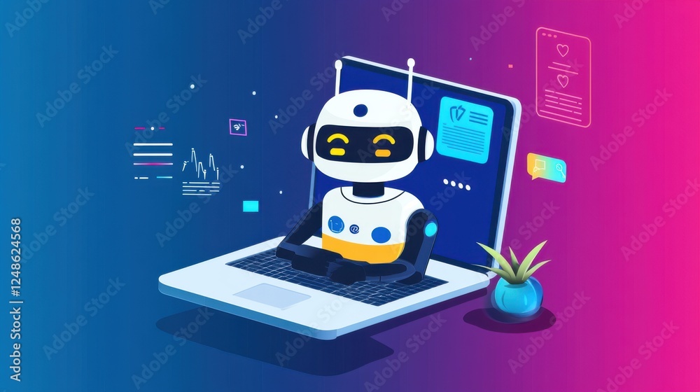 Poster a computer graphic with a robot appearing in the middle of the screen represents the concept of tech