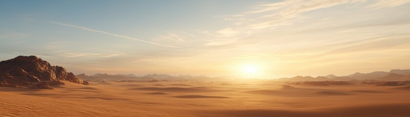 Fototapeta premium A stunning desert landscape at sunset, featuring vast sandy terrain, rocky formations, and a vibrant sky with hues of orange and blue.