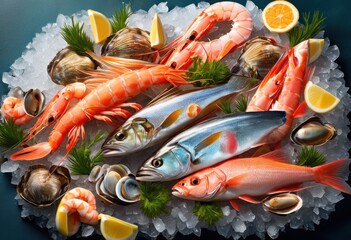 captivating close imagery fresh seafood displayed highlighting vibrant textures natural colors, fish, shrimp, lobster, clams, oysters, scallops, crabs