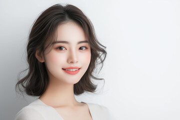 A beauty portrait of a young Asian woman with glowing skin, wearing a simple white blouse, her smile radiant on a pristine white background