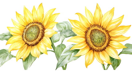 Obraz premium Bright sunflowers blooming with lush green leaves against a transparent background.