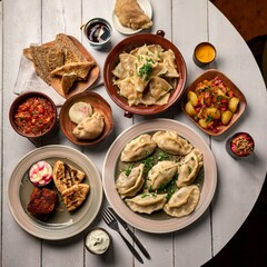 Generated image Overhead view of homemade pierogi being served with a variety of traditional Polish side