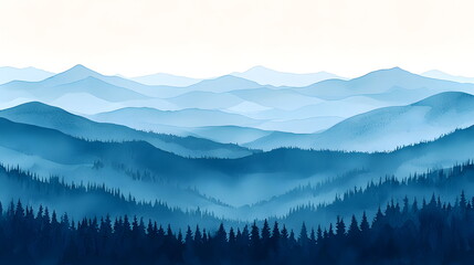 Obraz premium Misty blue mountainous landscape with layered hills and evergreen trees against soft white background.