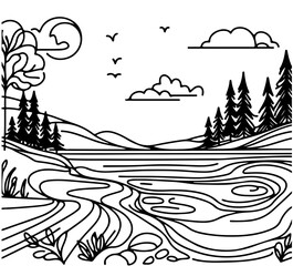 Fototapeta premium Sketch doodles abstract landscape with lake and mountains