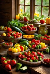 colorful fresh culinary display featuring wide array fresh healthy dishes arranged beautifully rustic wooden table, food, spread, vibrant, fruits, vegetables