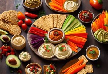 vibrant colorful appetizer plate featuring assortment dips bite sized delights ideal entertaining guests, bites, snacks, olives, cheese, vegetables