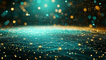 Turquoise Data Visualization, Connected Golden Nodes, Electronic Network, Abstract Perspective
