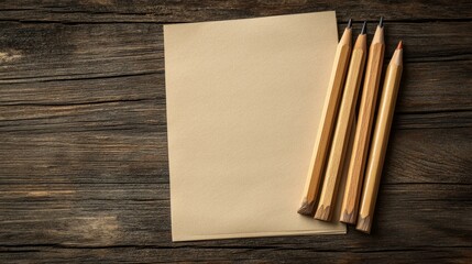 Minimalist top-view setup of blank paper and classic wooden pencils on a textured old wooden table