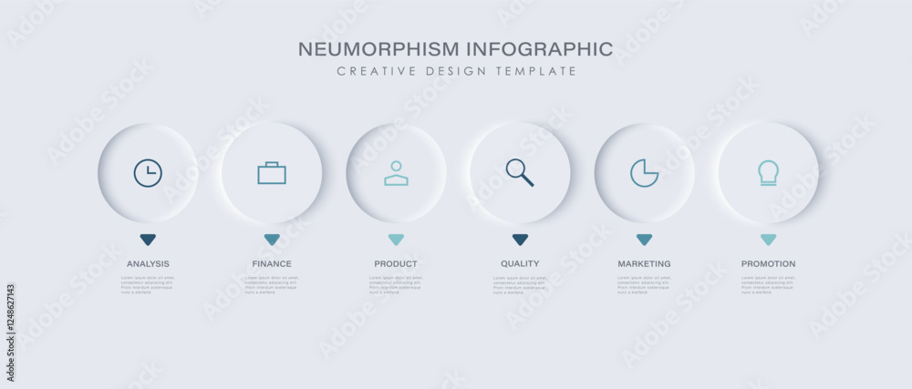 Poster 6 circular elements placed in horizontal row. concept of 3 steps to startup project launch. neumorph