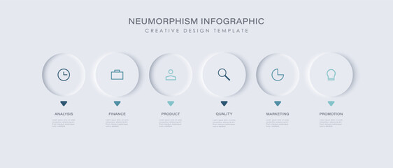 6 circular elements placed in horizontal row. Concept of 3 steps to startup project launch. Neumorphic infographic design template.