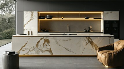 Luxury Modern Kitchen Design with Marble Island and Gold Accents