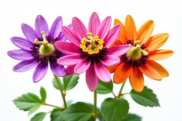 Fototapeta premium Three passion flowers in purple, pink, and orange hues, isolated on a stark white background , white background, summer, vine