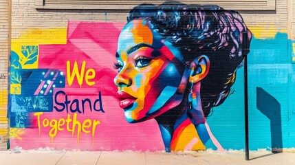 Colorful mural of a woman's profile with a message of unity in an urban setting during daylight