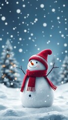 Fototapeta premium An Adorable Snowman A Red Hat A Snowy Winter Wonderland
