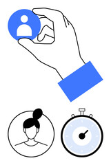 Hand grasping profile icon a female avatar and stopwatch. Ideal for recruitment, HR, time management, productivity, workforce management, efficiency, and deadlines. Line metaphor