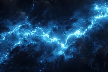 Fototapeta premium dramatic forked lightning strike illuminating storm clouds, electric blue energy crackling against dark sky