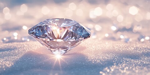 Fototapeta premium Sparkling Diamond Glimmering on the Surface of Soft White Snow in a Magical Winter Scene with Bokeh Background and Bright Reflections