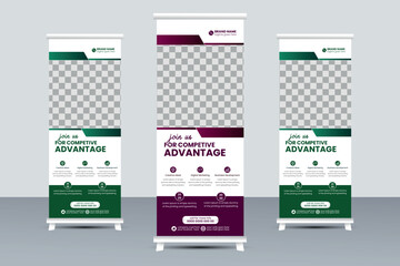 Roll up banner stand template design, blue banner layout, advertisement, pull up, polygon background, vector illustration, business flyer, display, x-banner, flag-banner, infographics, presentation 