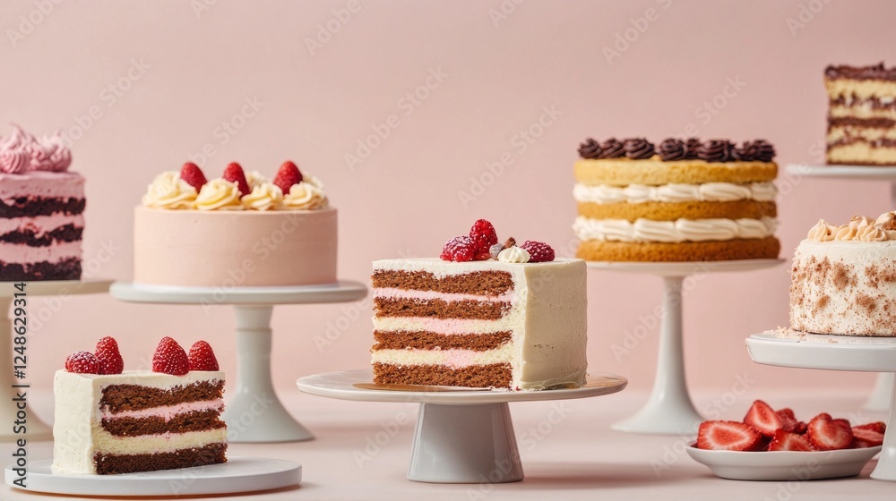 Poster cakes of various colors and textures are artfully arranged on stands, with one cake sliced to reveal