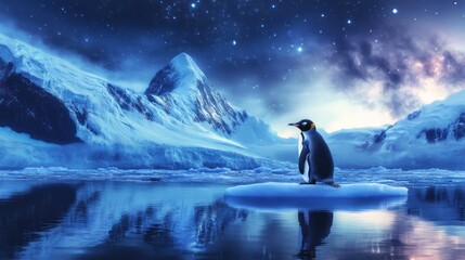 Antarctic penguin sunset, snowy mountains, starry sky, travel poster