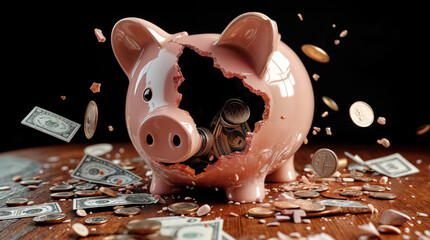 Broken Piggy Bank with Flying Coins and Cash, Financial Crisis Concept