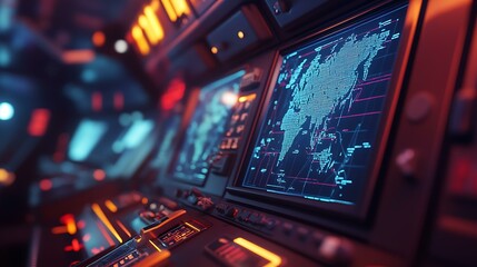 High-tech ship navigation system glowing in a dimly lit control room, displaying ocean maps and routes