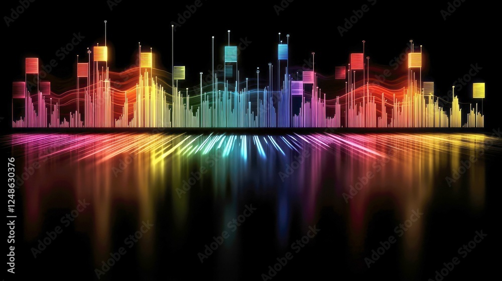 Wall mural abstract music visualizer: colorful sound waves and neon lights - dynamic audio spectrum