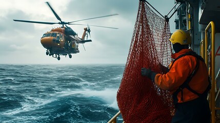 A deckhand securing a cargo net as a helicopter delivers supplies to an oil rig