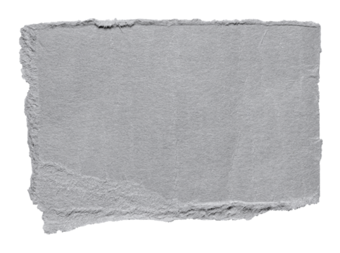 Isolated cut out torn piece of blank gray paper note cardboard with texture and copy space for text, transparent png background design element