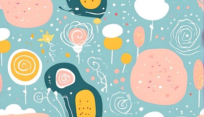 Fototapeta premium abstract illustration of seamless pattern of whimsical hand-drawn shapes and icons in soft pastel hues