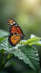Fototapeta premium Vibrant monarch butterfly resting on dew-covered leaf in sunlight