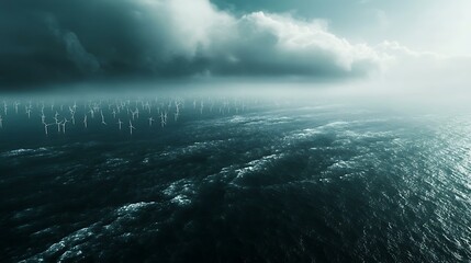 Fototapeta premium Aerial view of a vast offshore wind farm, with dozens of turbines stretching toward the horizon