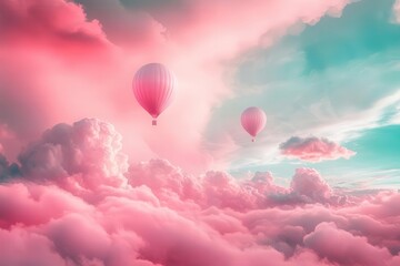 Obraz premium dreamlike landscape with translucent balloons floating through surreal pink and turquoise skies, ethereal clouds, mystical atmosphere