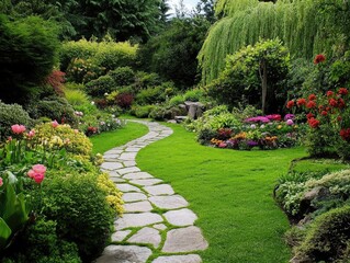 Winding stone path through a lush garden filled with vibrant flowers and greenery