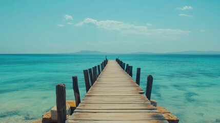 Fototapeta premium Tranquil wooden dock extends into turquoise ocean; serene tropical paradise; photo for travel brochure; peaceful vacation